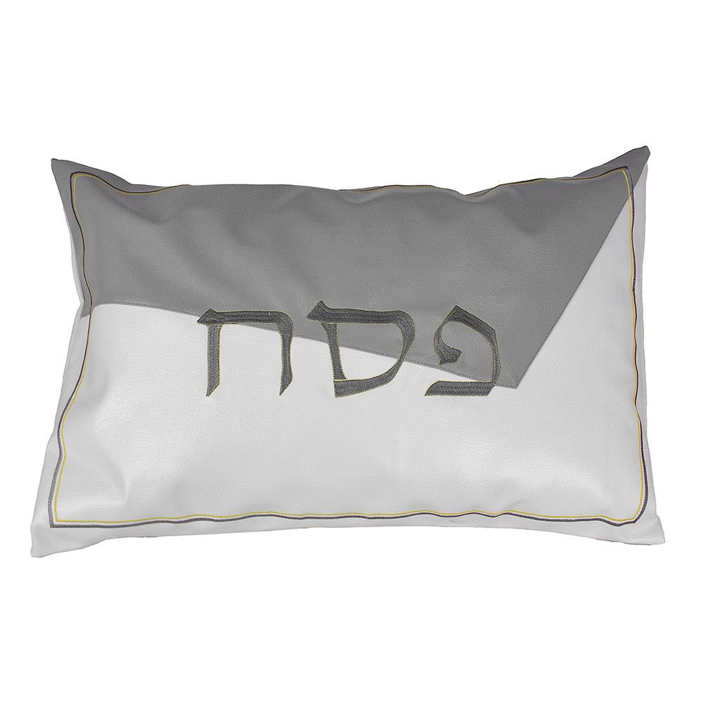 White and Grey Leatherette Seder Set with Gold Stitch Detail - Elegant Linen