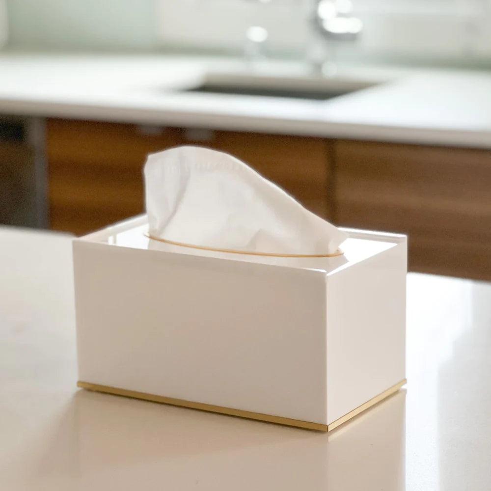 White Lucite Tissue Box Holder with Gold Rim - Elegant Linen