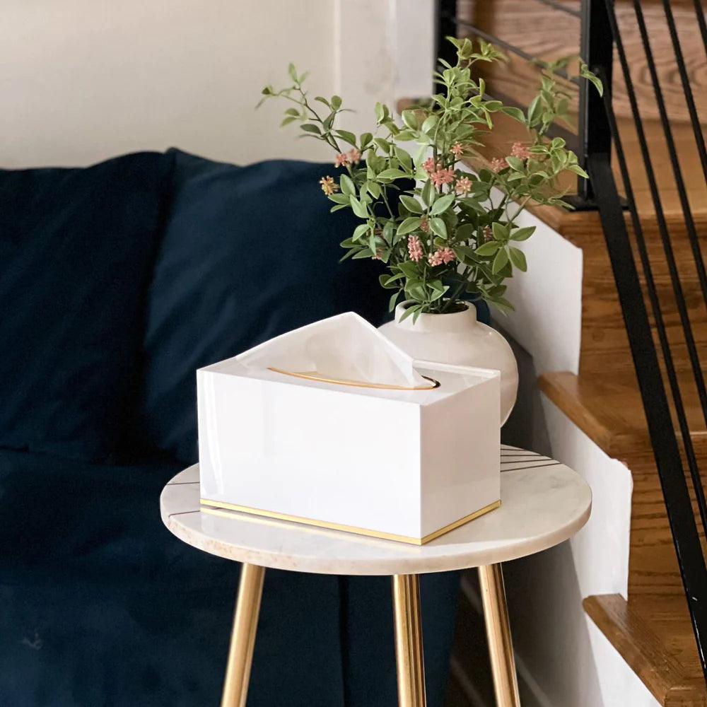 White Lucite Tissue Box Holder with Gold Rim - Elegant Linen