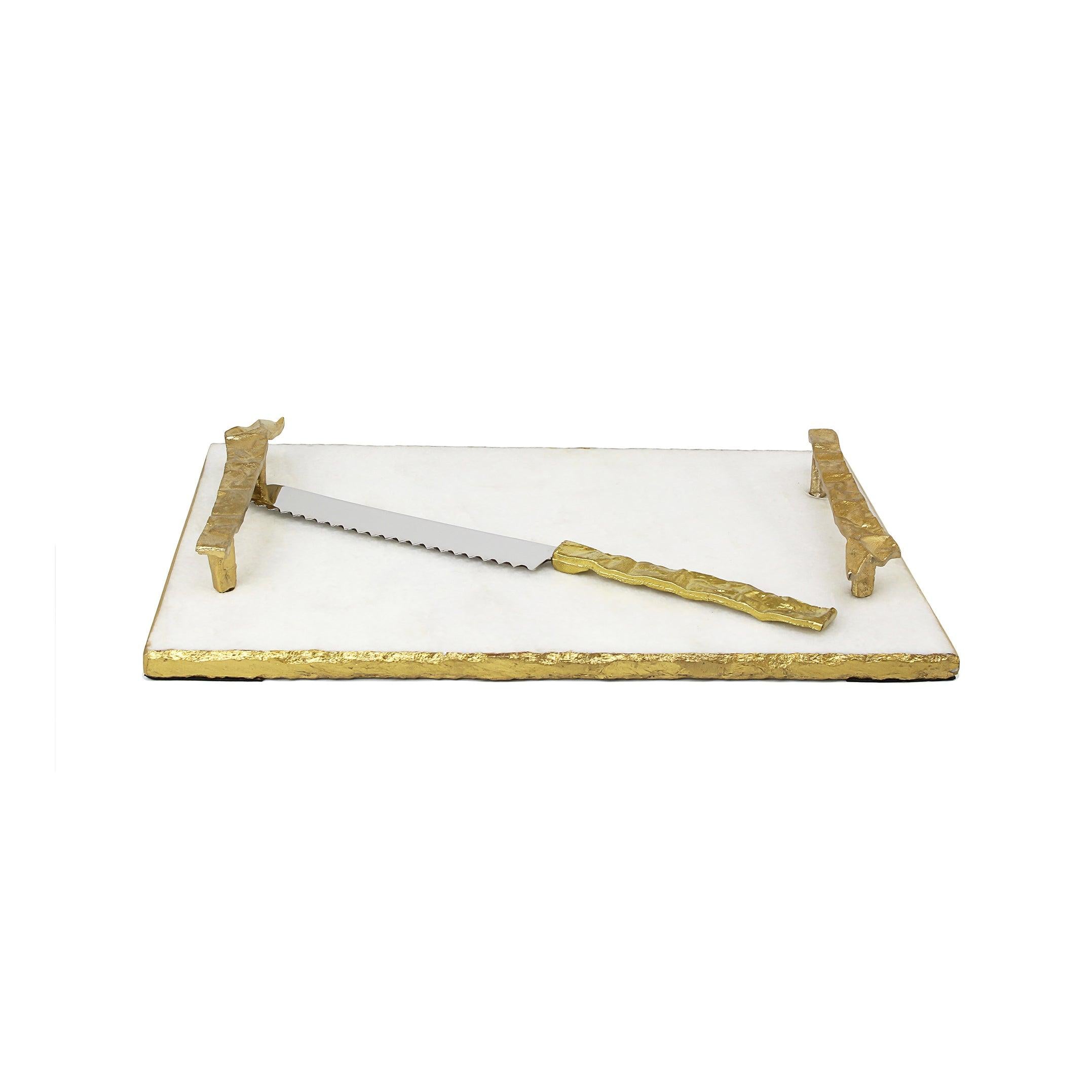 White Marble Challah Tray with Gold Crumbled Handles and Knife - Elegant Linen