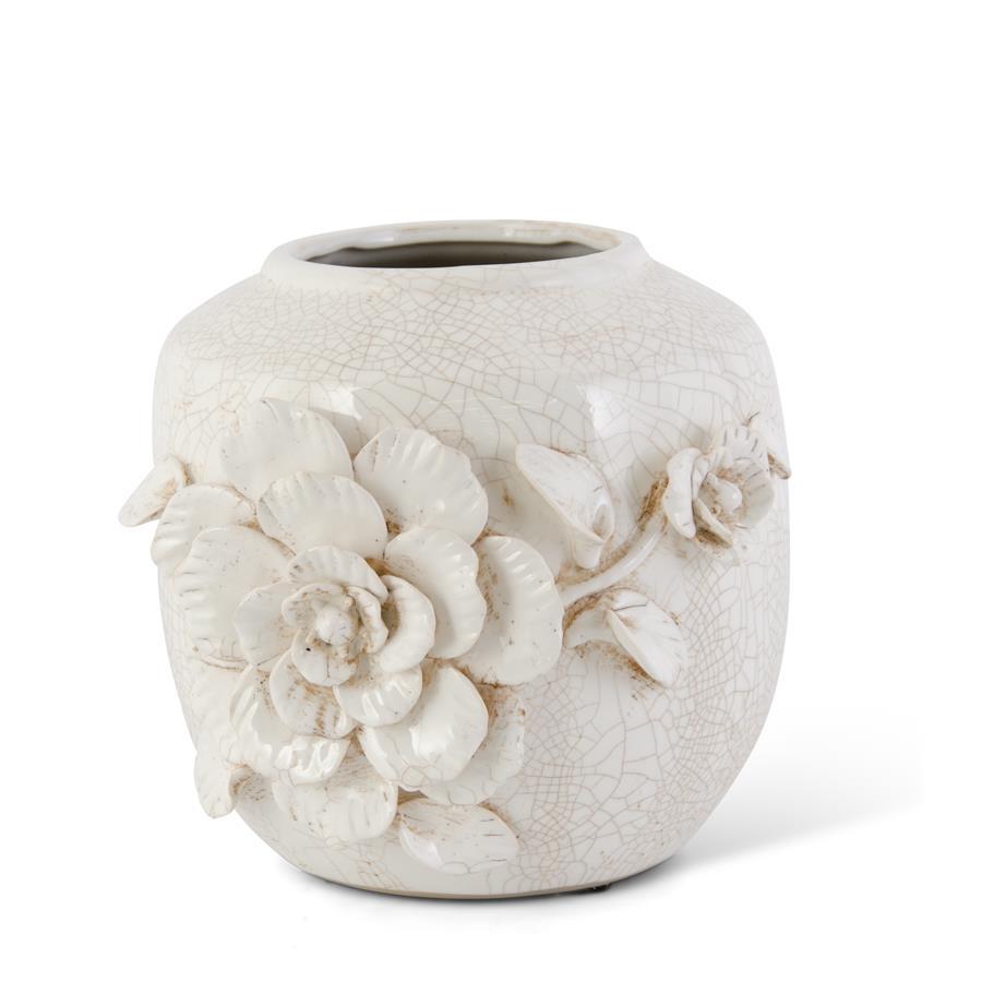 8 Inch Cream Ceramic Crackled Vase with Raised Roses