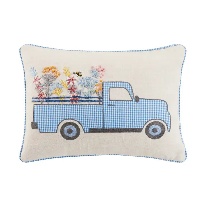 Gingham Truck Embroidered Pillow