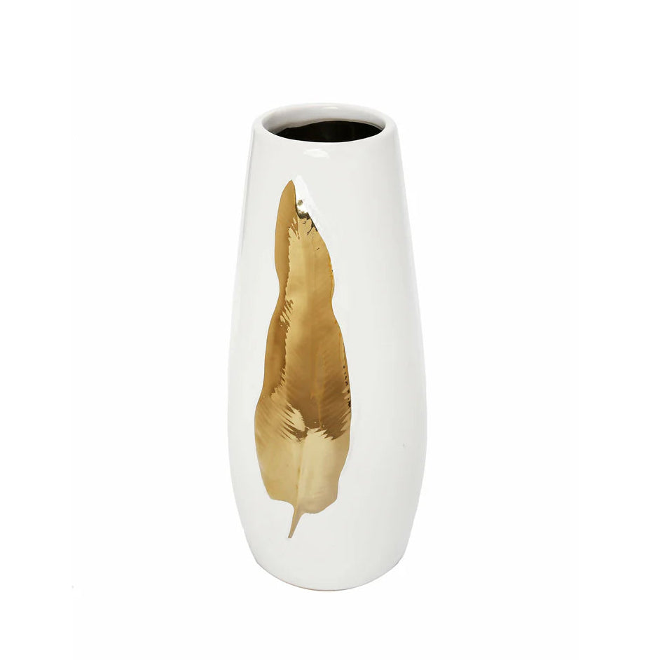 White Ceramic Tall Vase Gold Leaf Design - Large