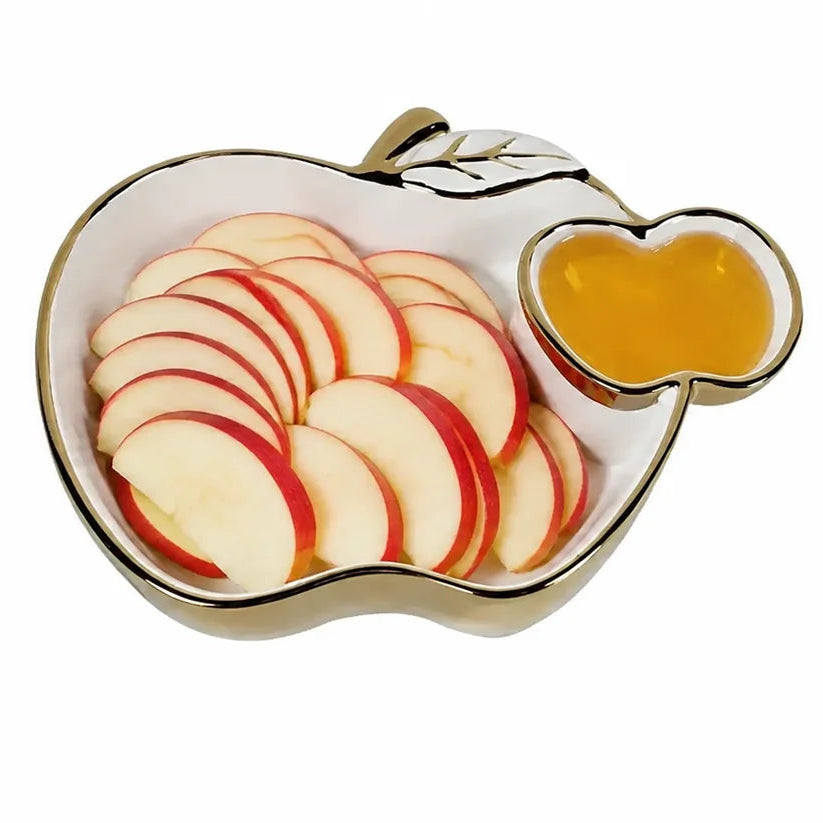 White Porcelain Apple Dish Gold Edged