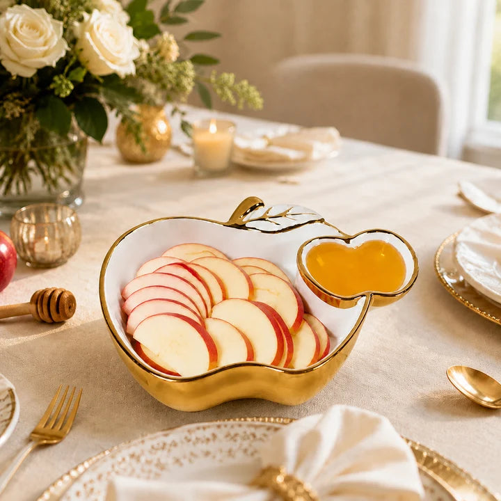 White Porcelain Apple Dish Gold Edged