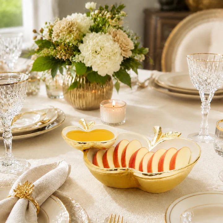 Two Apple Dish Gold/White