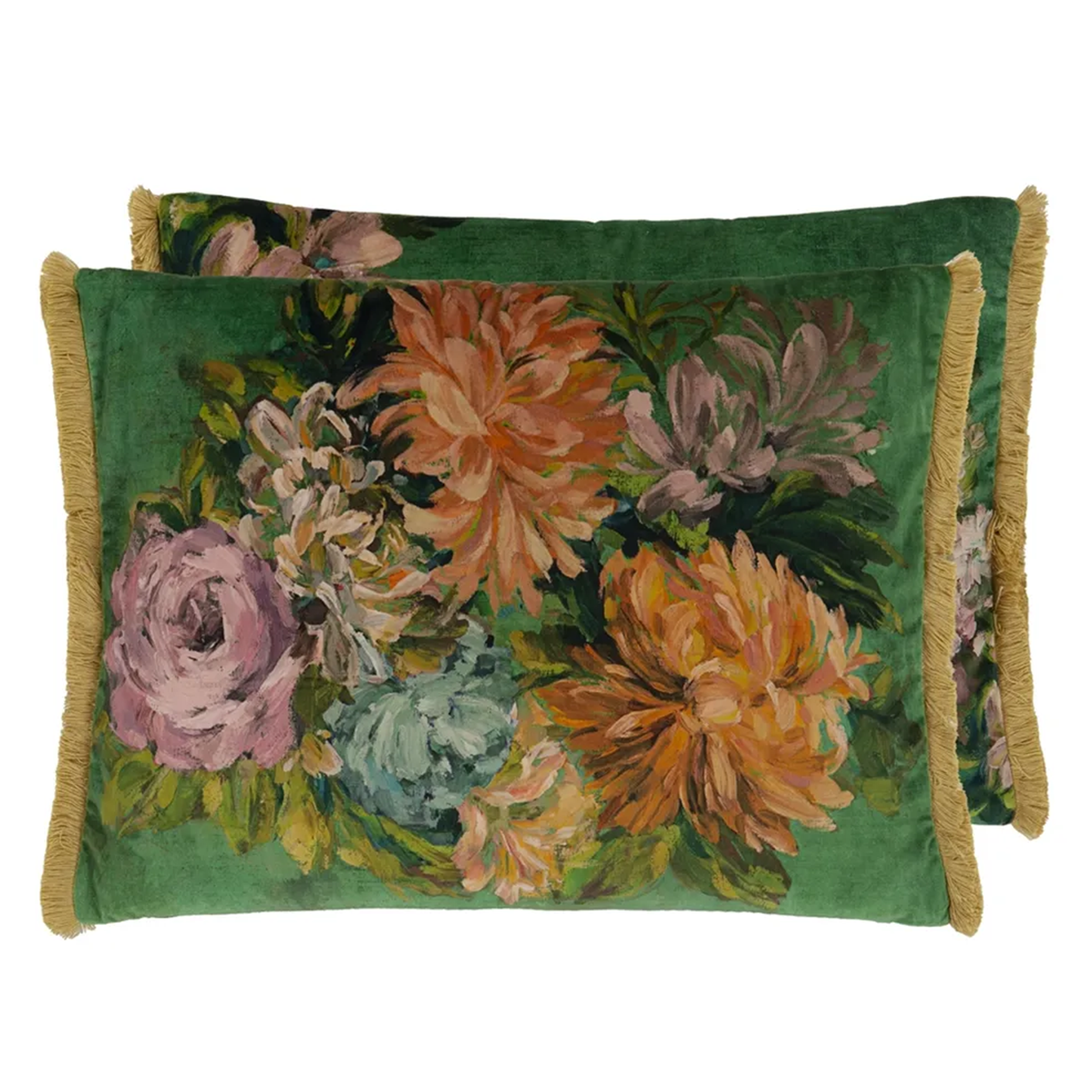 Fleurs D Artistes Velours Vintage Green Velvet Cushion
