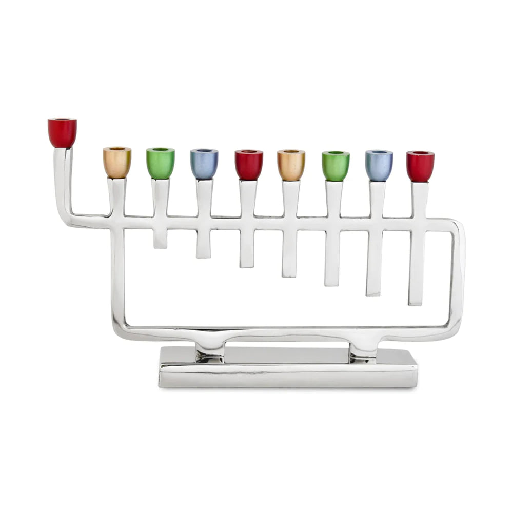 Polished Silver Menorah with Colorful Candle Cups