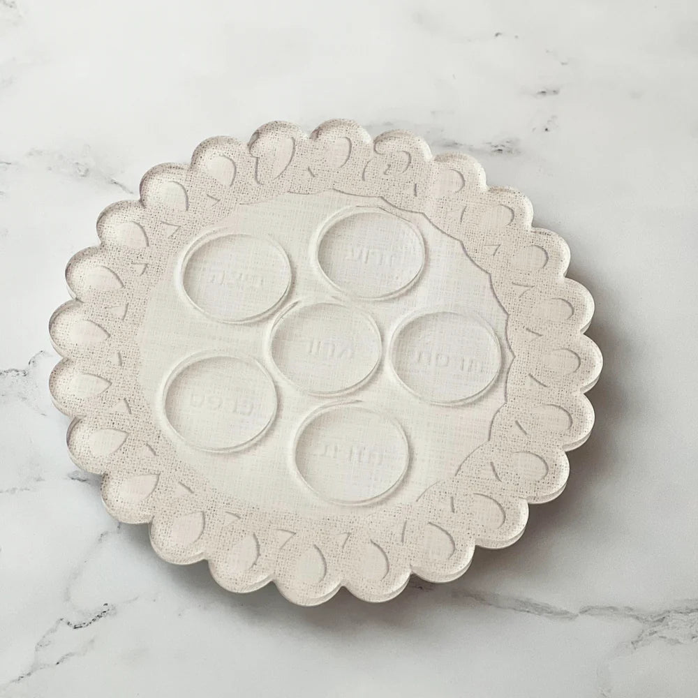 Linen Style Seder Plate with Scalloped Edge