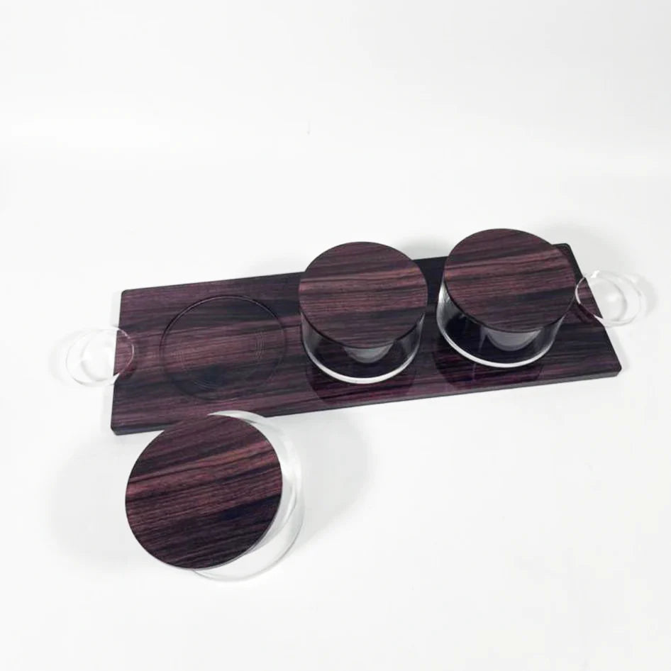 Lucite Wood Look Dip Bowls & Tray