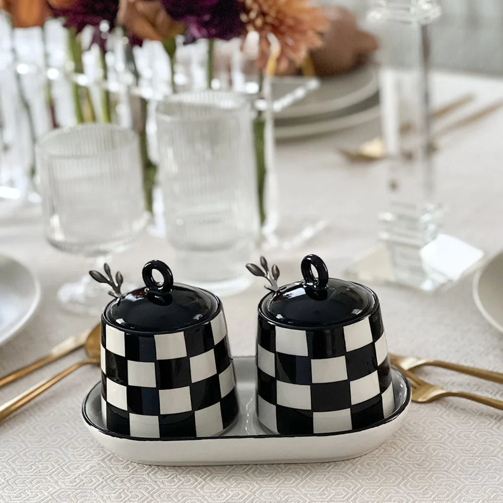 Chic Checkered Porcelain Coffee & Sugar Jars