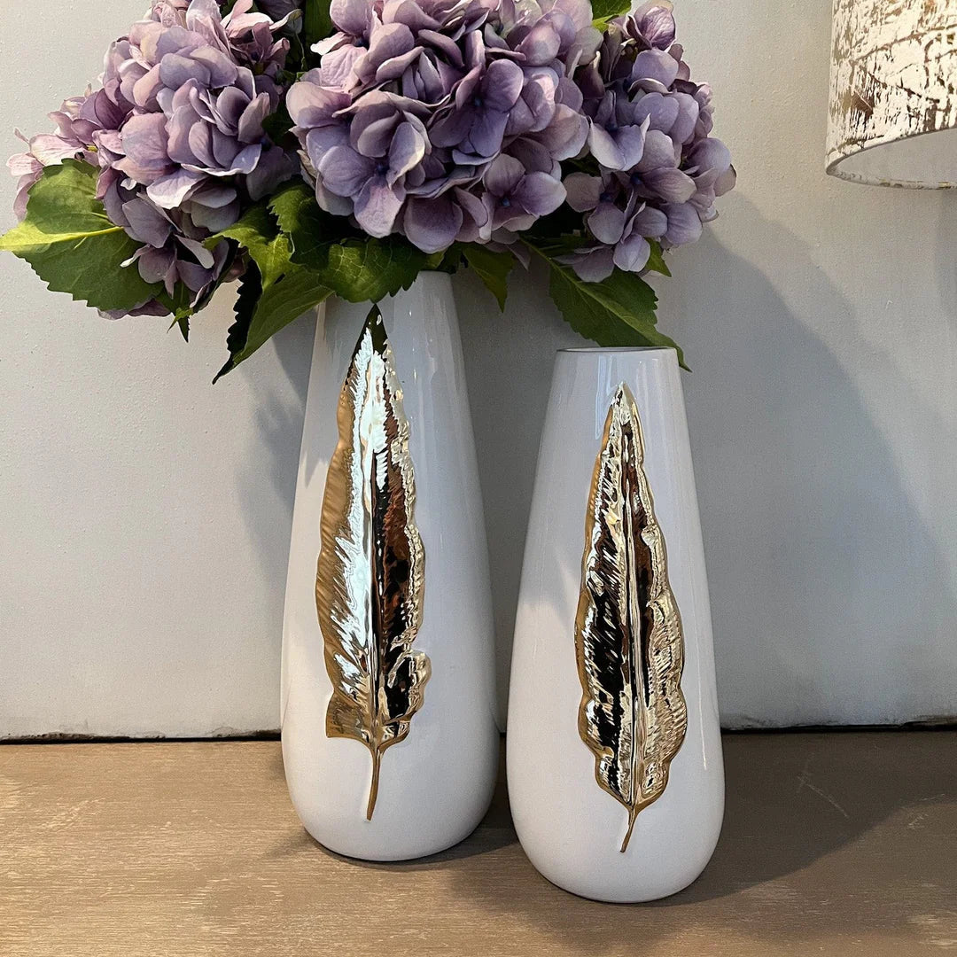 White Ceramic Tall Vase Gold Leaf Design - Large