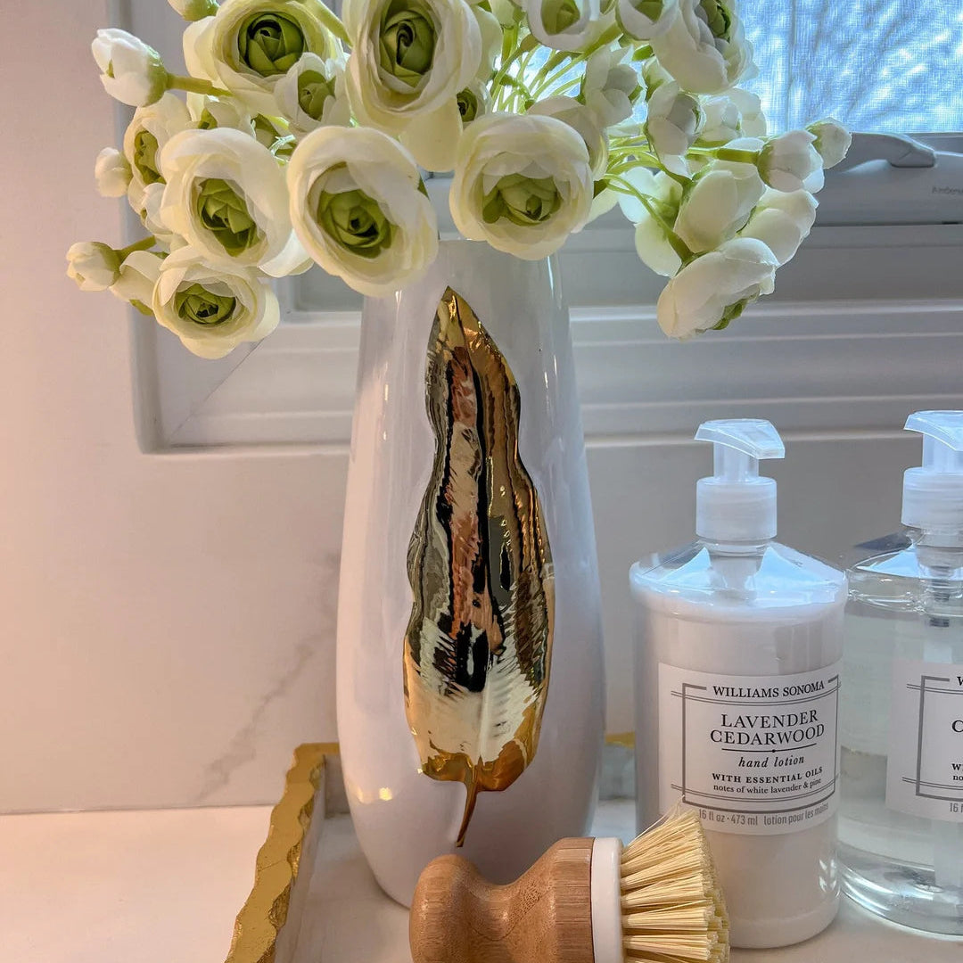 White Ceramic Tall Vase Gold Leaf Design - Large