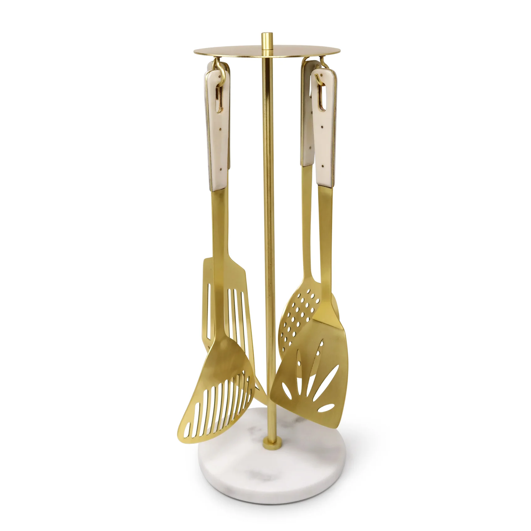 Set of 4 Serving Utensils Gold with Marble Handles