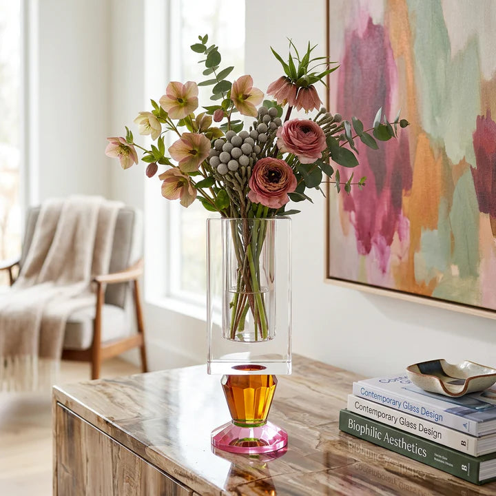 Crystal Vase with Pink and Amber Color Base