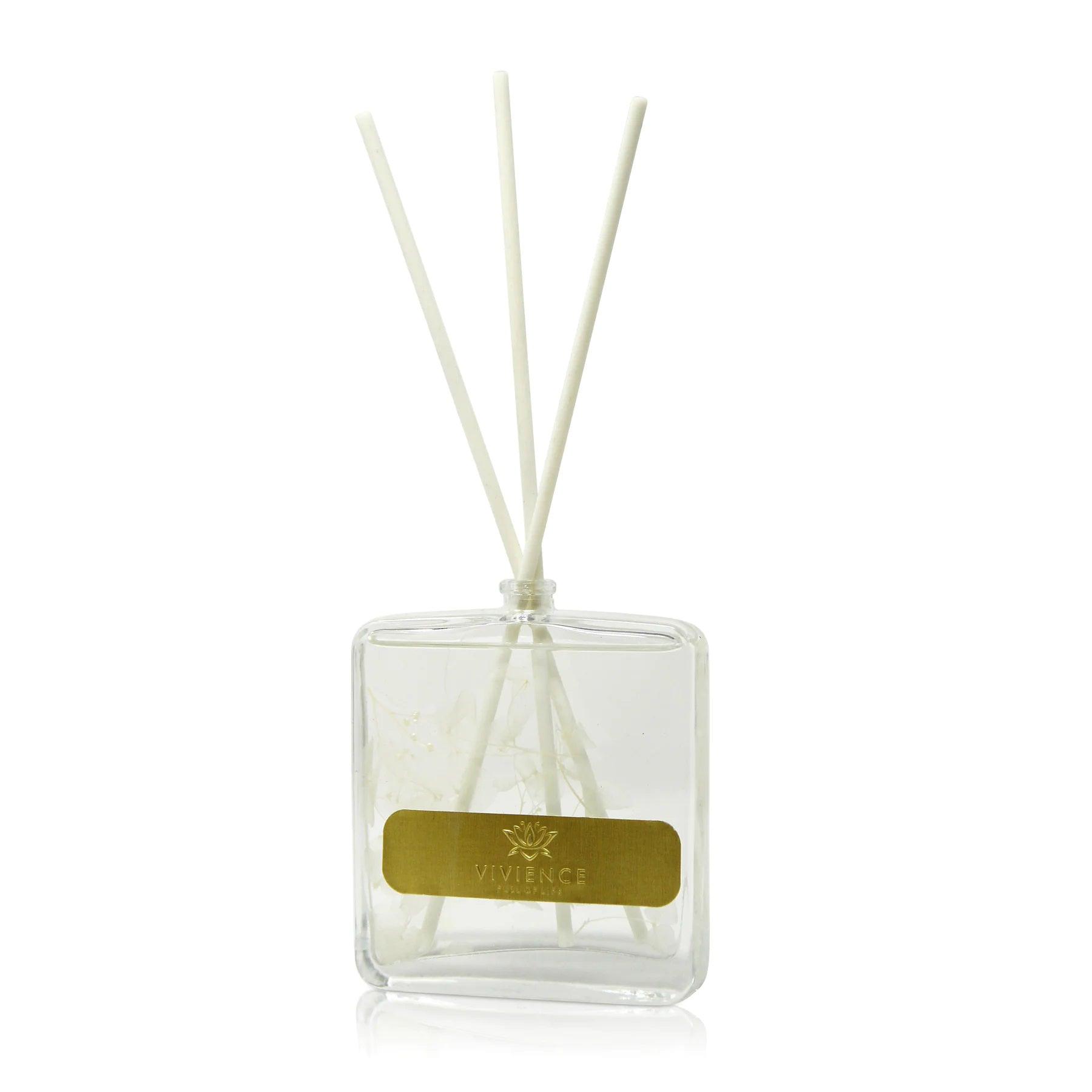 Clear Bottle Reed Diffuser With White Flower And White Reeds - Elegant Linen