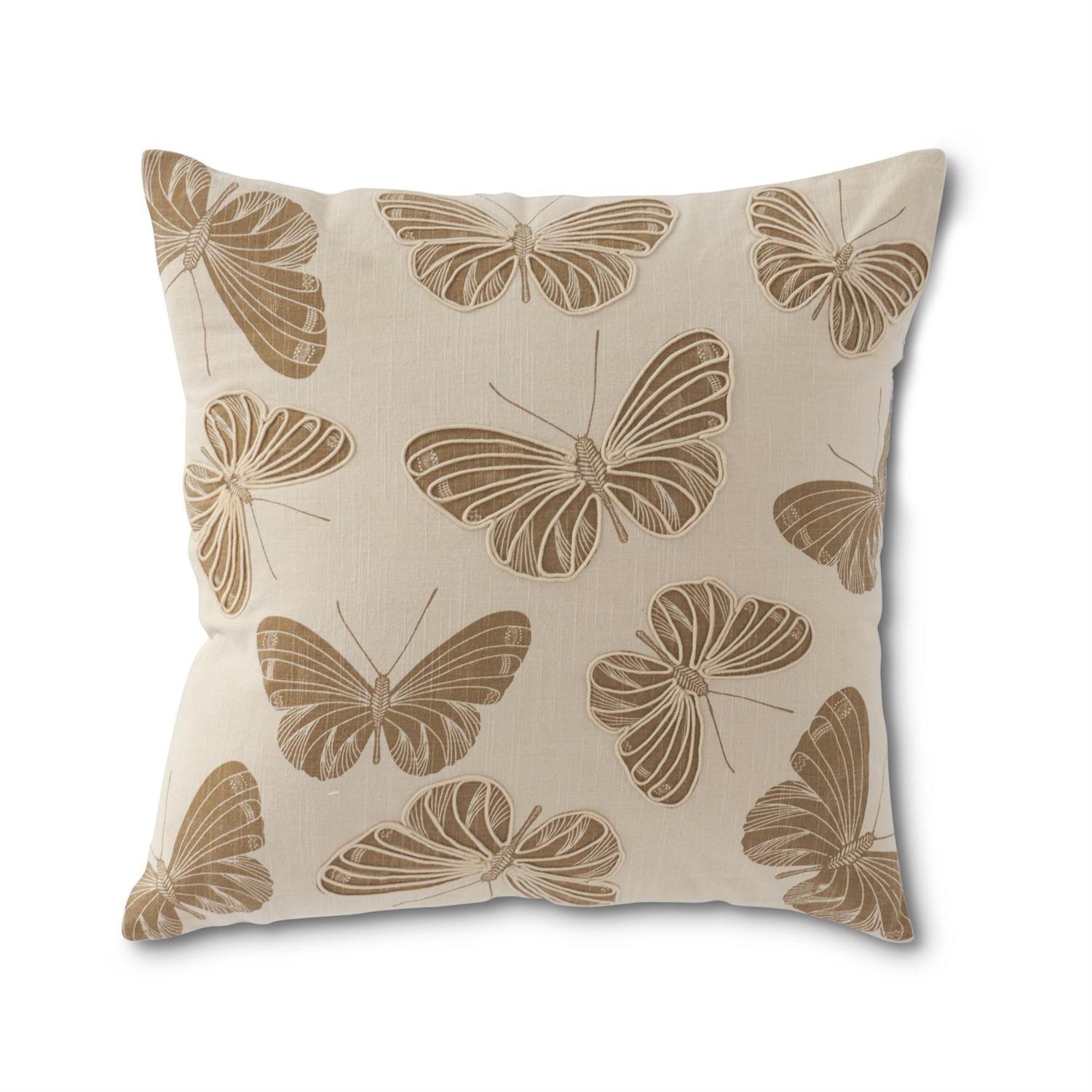 Cream Pillow W/Tan Butterflies - Elegant Linen