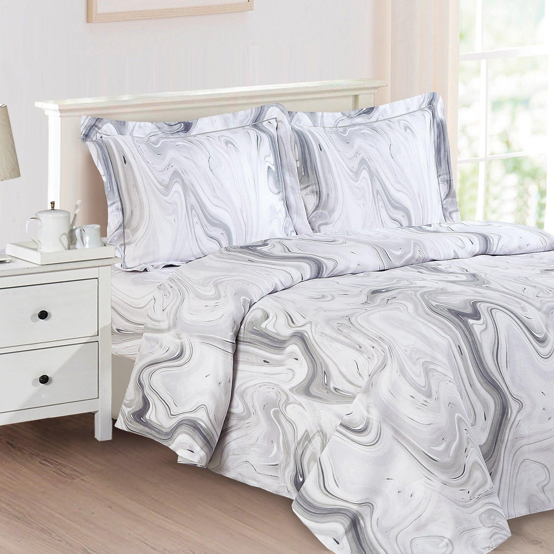 French Marble Grey New 6 Piece Bedding Set - Elegant Linen