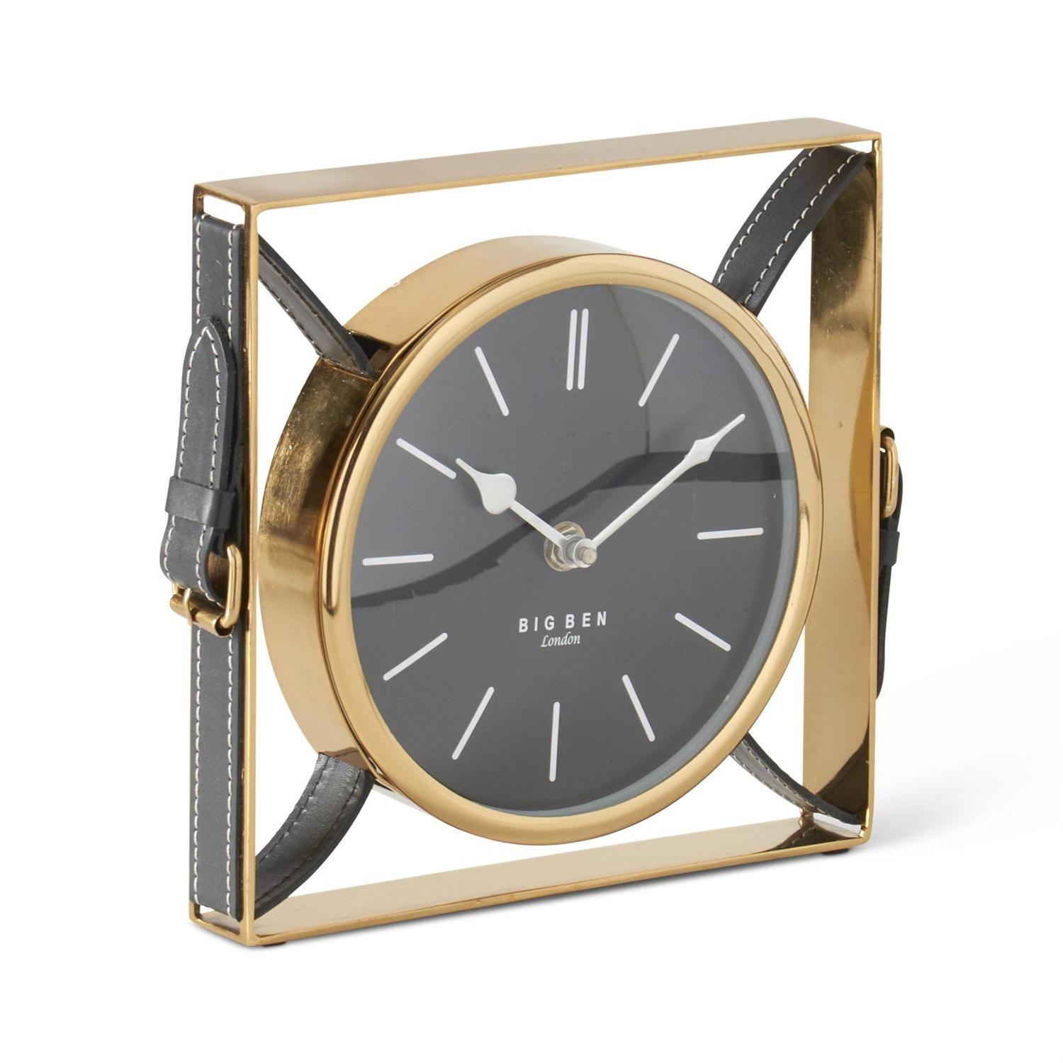 Gold Metal W/Black Leather Big Ben London Table Clock - Elegant Linen