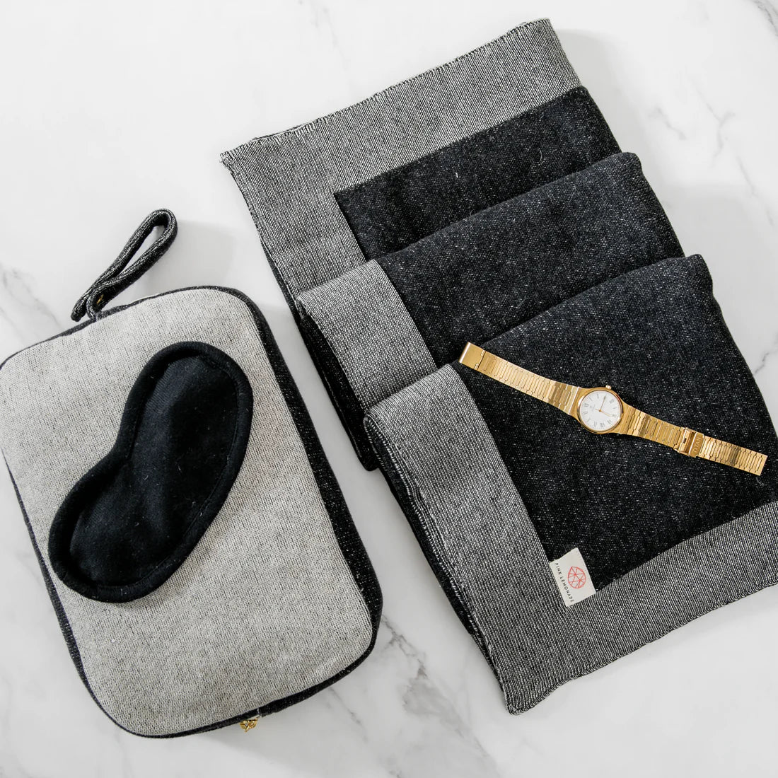 Reversible Solid Organic Cotton Travel Blanket and Eye Mask Set - Linen/Black