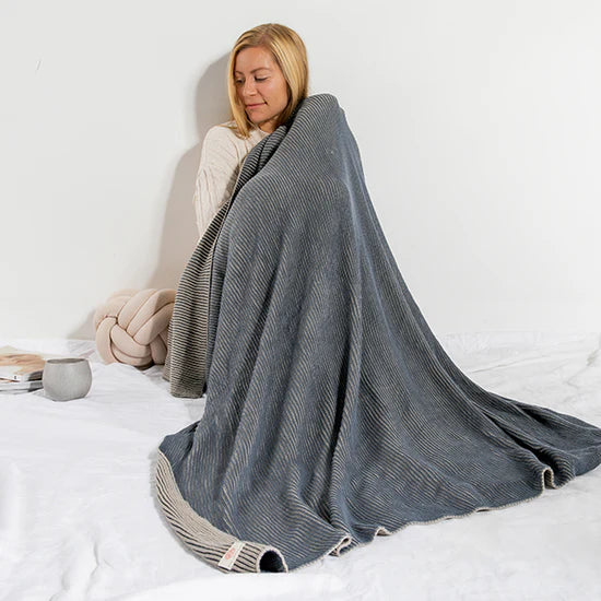 Ribbed Organic Cotton Throw Blanket - Blue
