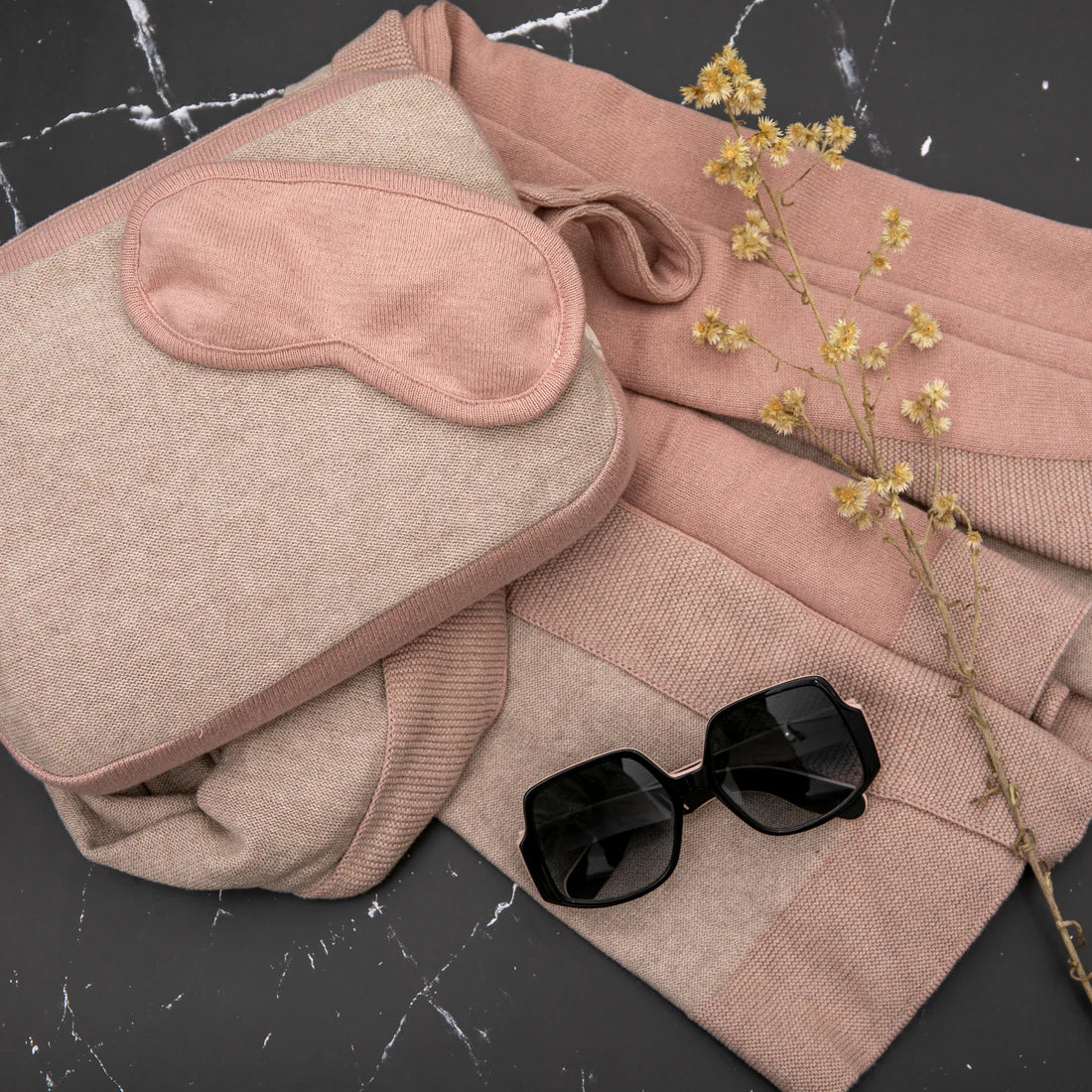 Reversible Solid Organic Cotton Travel Blanket and Eye Mask Set - Linen/Pale Pink