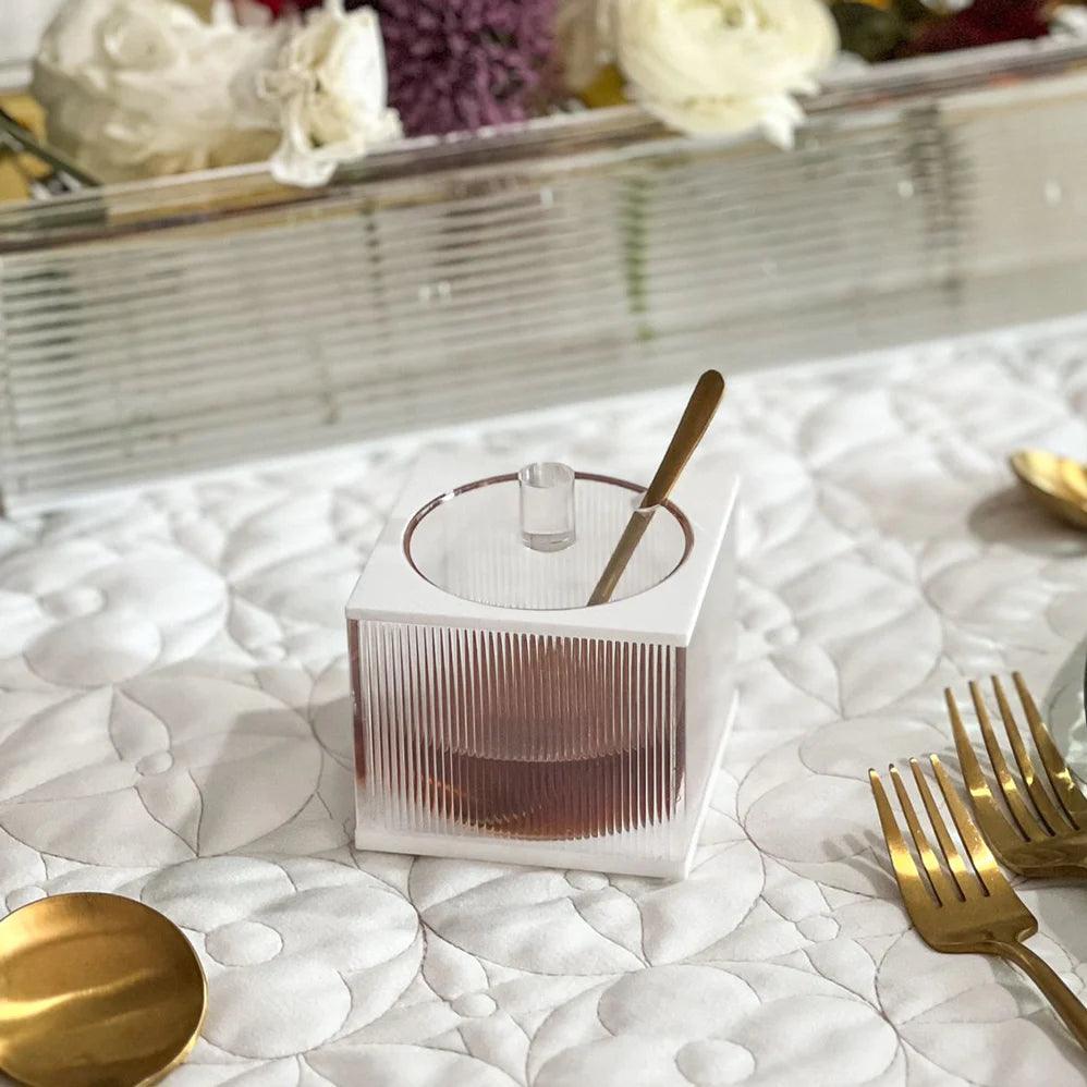 Wavy Lucite Square Honey Dish with Gold Spoon - Elegant Linen
