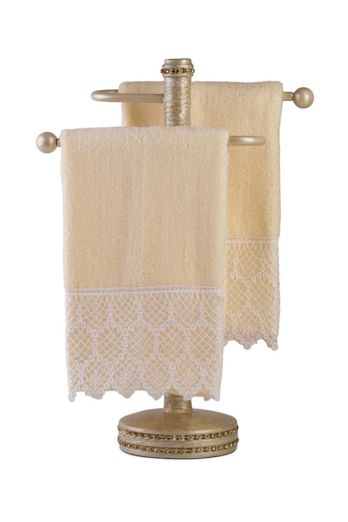Cotton Velour Fingertip Towel in Cream Color With Cream Lace (set of 4)
