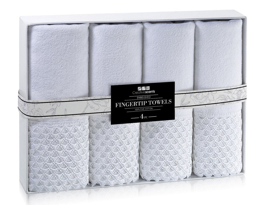 Creative Scents Cotton Velour Fingertip White Towel With White Lace (set of 4)
