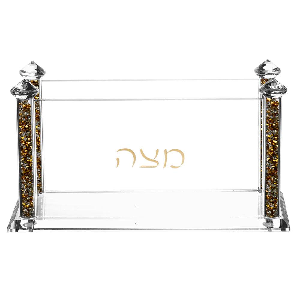 Crystal Square Matzah Box with Decorative Gemstones - Elegant Linen