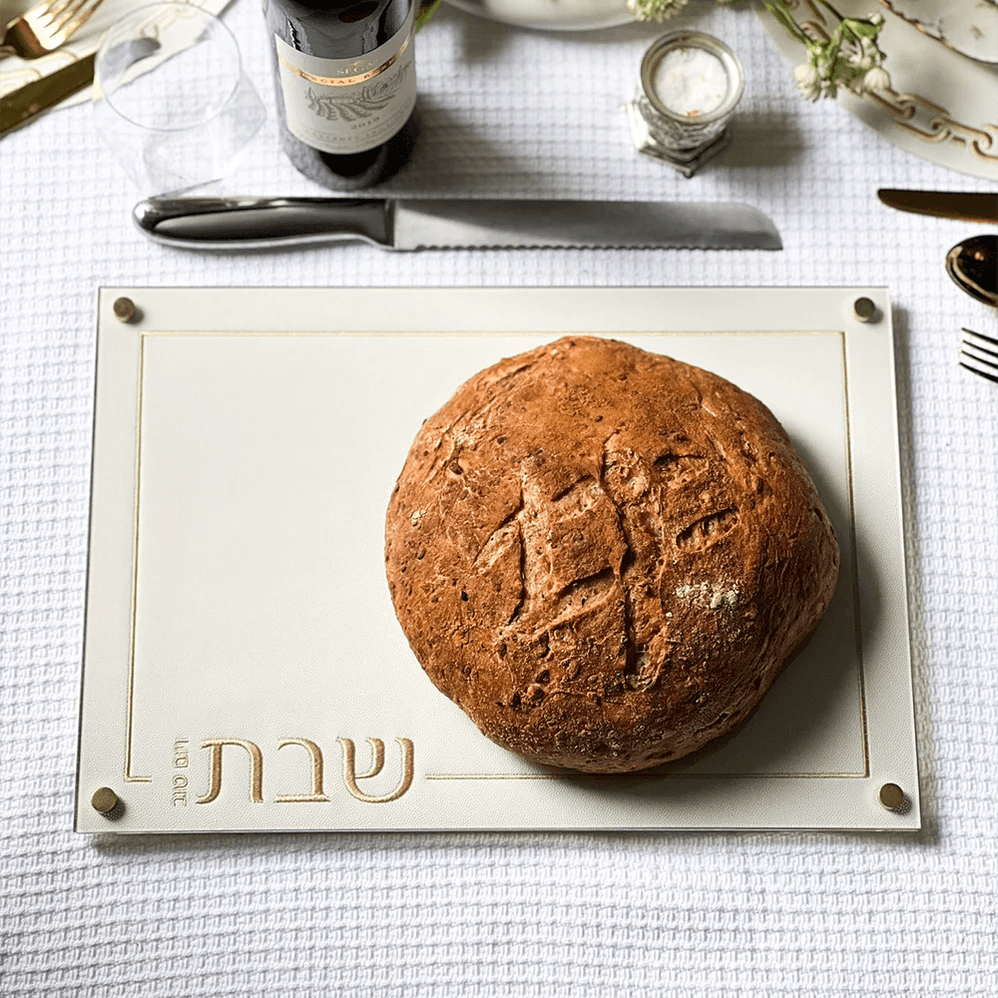 Embroidered Leatherette Lucite and Glass Top Challah Board - Elegant Linen