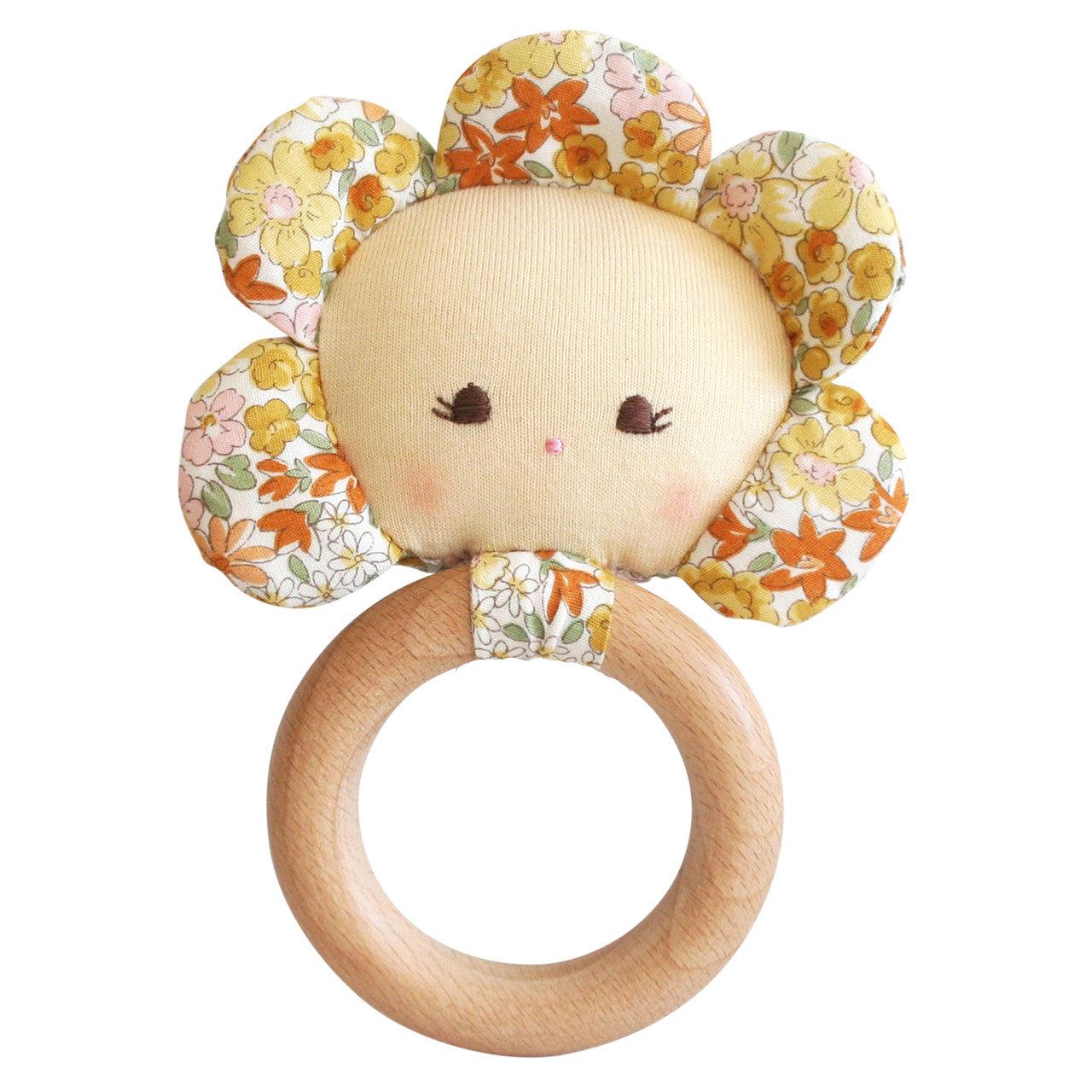 Flower Baby Teether Rattle Sweet Marigold - Elegant Linen