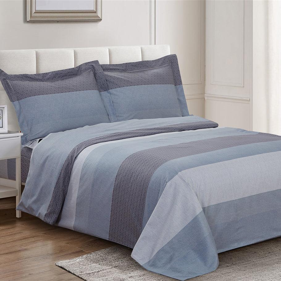 French Teal Stripe 6 Piece Bedding Set - Elegant Linen