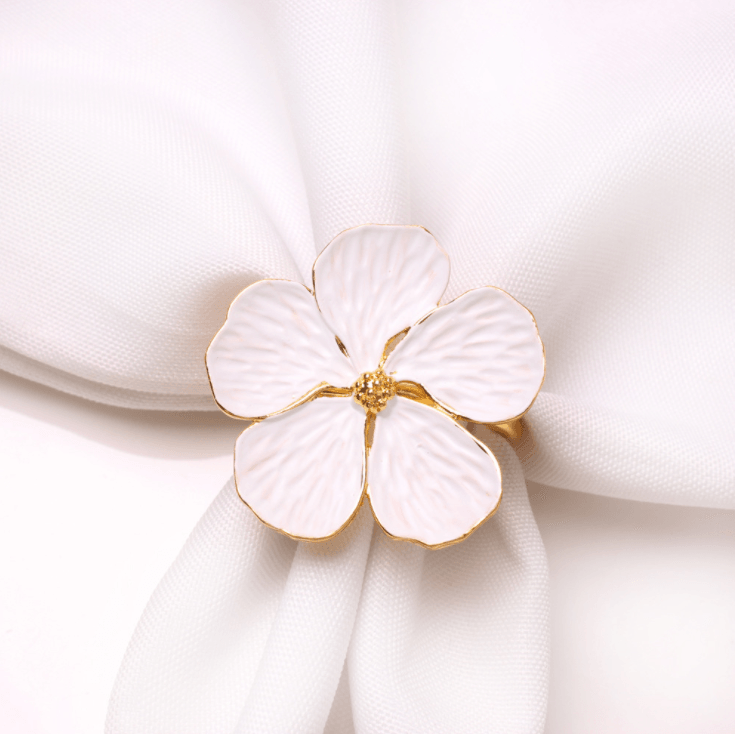Gold Cream Flower Napkin Rings Set of 6 - Elegant Linen