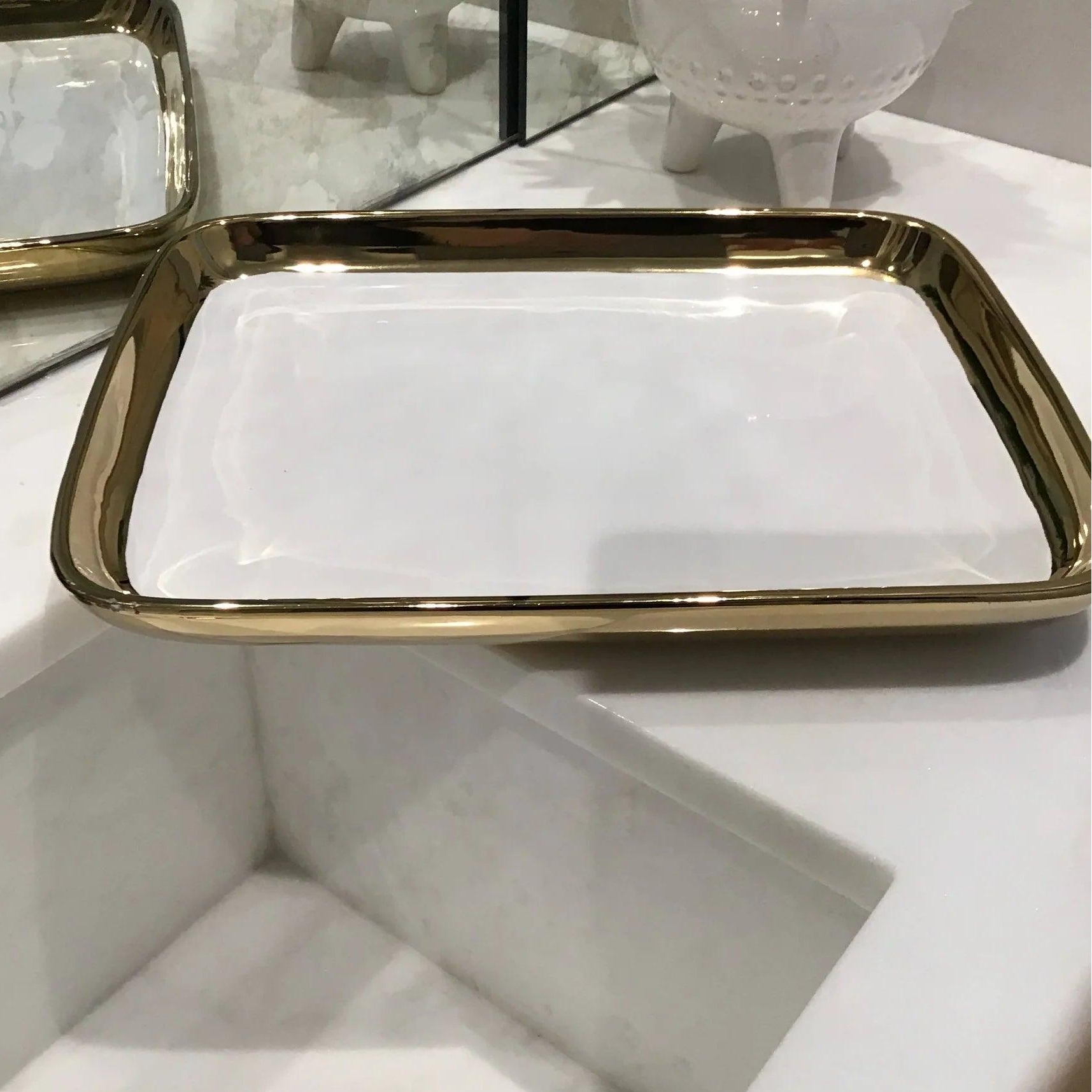 Gold Edged White Oblong Tray - Elegant Linen