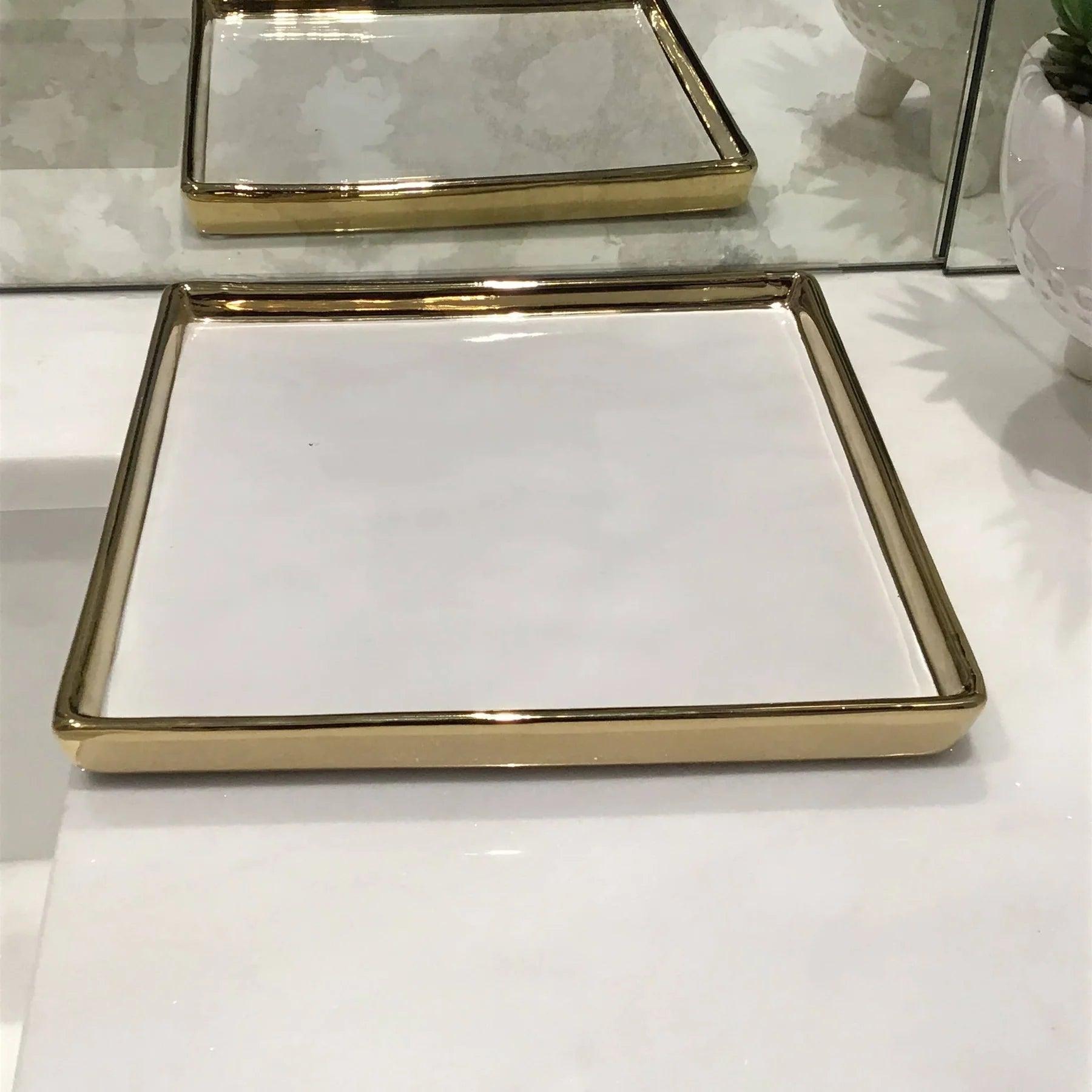 Gold Edged White Square Tray - Elegant Linen