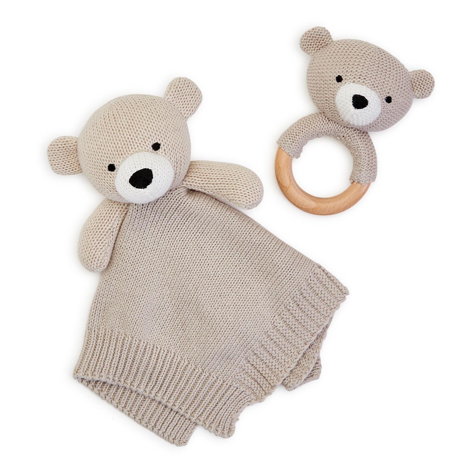 Knitted Baby Bear Snuggle and Rattle Set - Elegant Linen