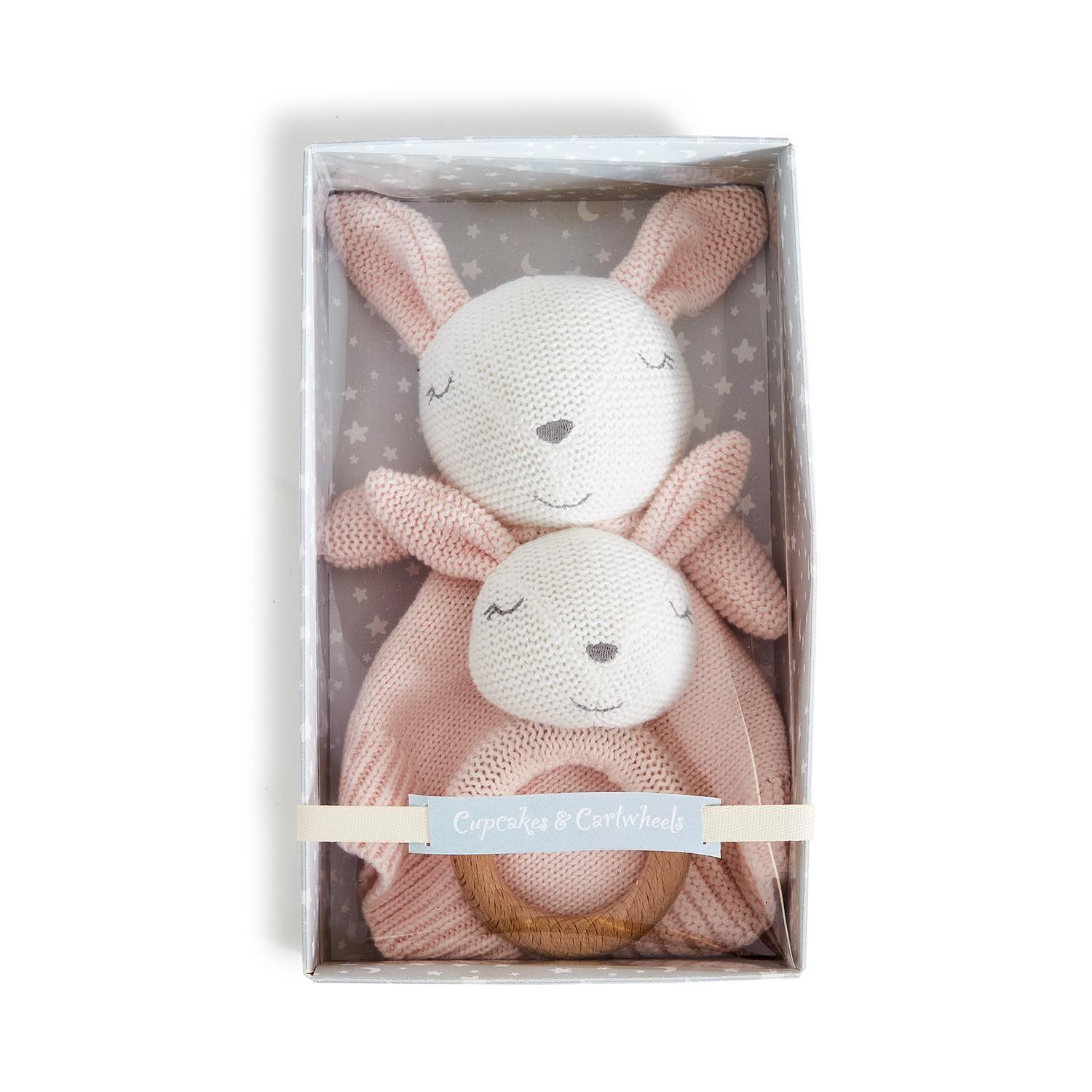 Knitted Baby Bunny Snuggle and Rattle Set - Elegant Linen