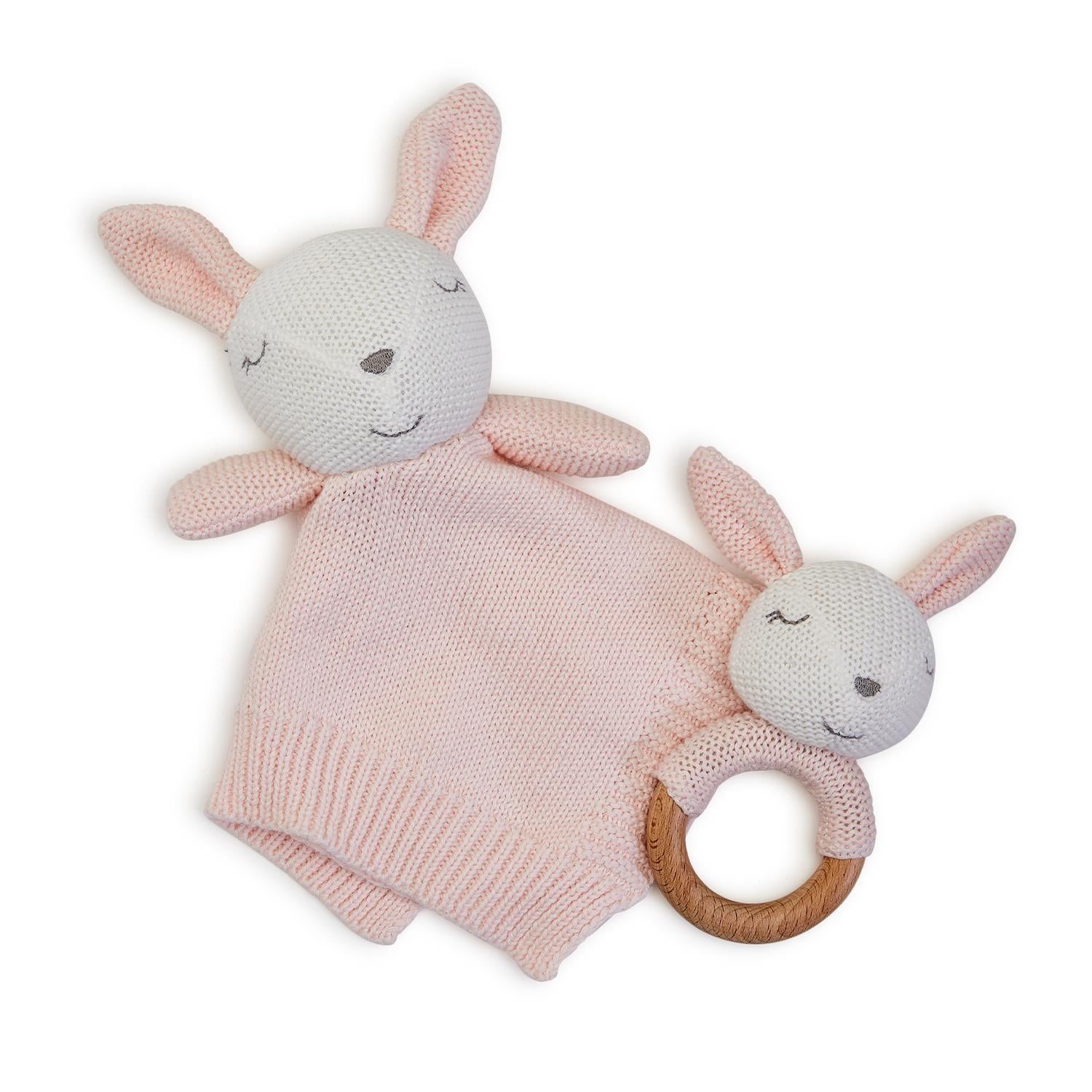 Knitted Baby Bunny Snuggle and Rattle Set - Elegant Linen