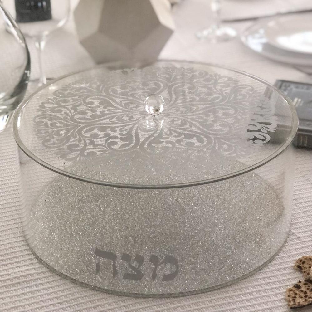 Lucite Matzah Box Silver Floral Design - Elegant Linen