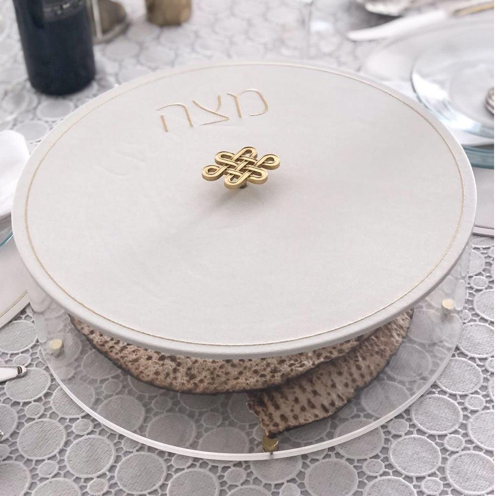 Lucite Matzah Box with White Leatherette Cover and Knot Handle - Elegant Linen