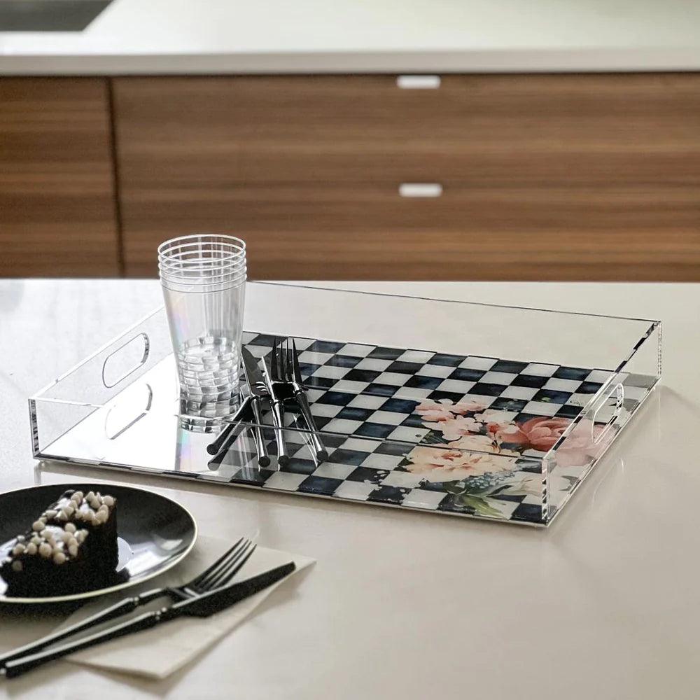 Painted Black Checkered Lucite Tray - Elegant Linen
