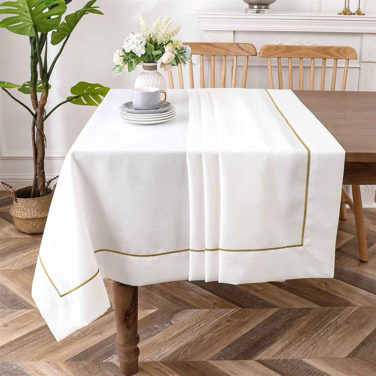 Elegant Linen Tablecloth Polyester (Linen Look) TC1553 - White Gold ...