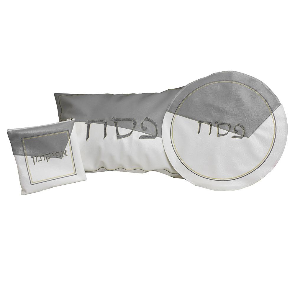 White and Grey Leatherette Seder Set with Gold Stitch Detail - Elegant Linen